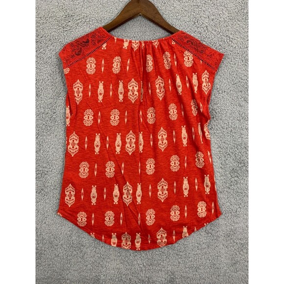 Lucky Brand XS Orange Blouse Top Geometric Tapestry Design Lace Window Shoulder - Picture 7 of 11